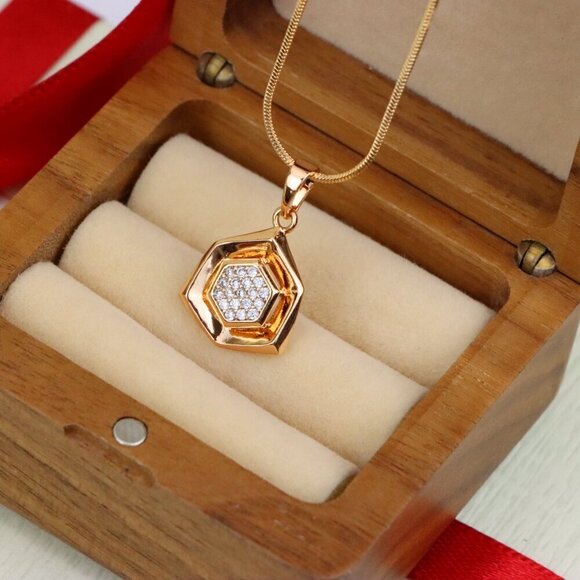 "Geometric Rose Gold Pendant with Crystal Hexagon, XPPT1575 - Picture 7 of 13